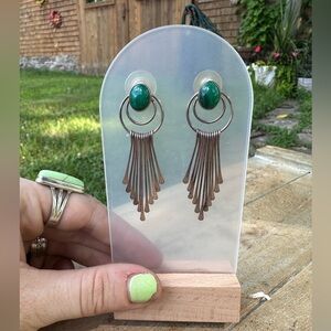 VTG Sterling Silver Navajo Nakai Malachite Stone Fringe Earrings